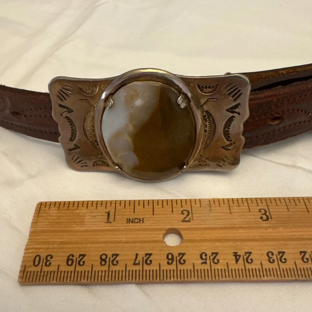 Vintage Handmade Tex Tan Leather‎ Belt Western Style Stone Buckle Brown Size 38